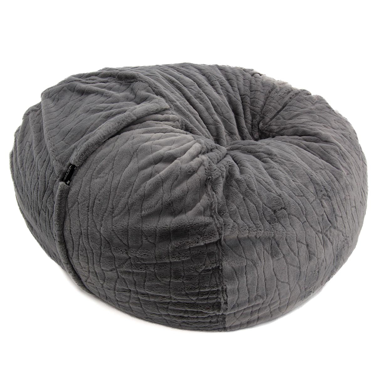 Gray textured faux fur bean bag chair on a white background
