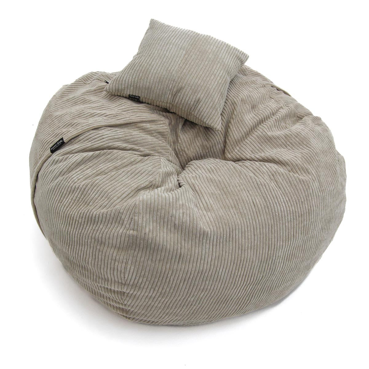 Gray bean bag chair with a pillow on a white background