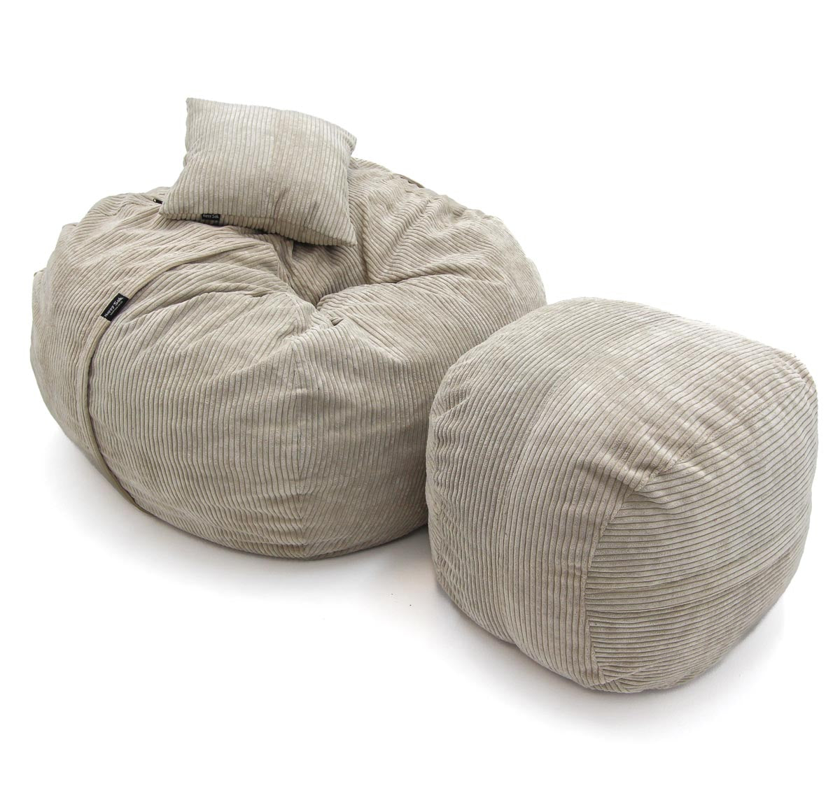 Beige bean bag chair and ottoman set on a white background