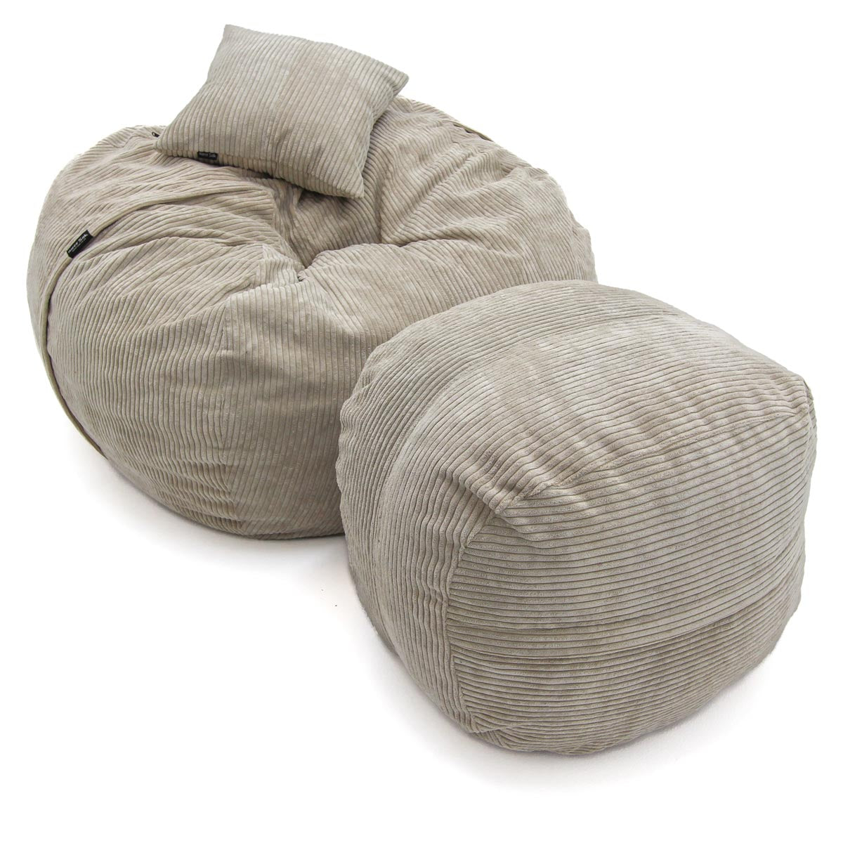 Gray bean bag chair with matching ottoman on a white background
