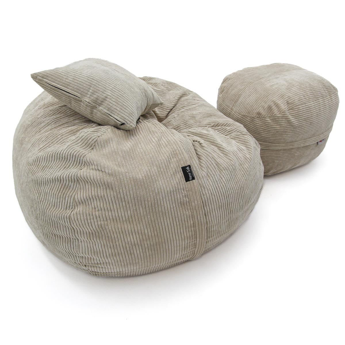 Beige bean bag chair with a pillow on a white background