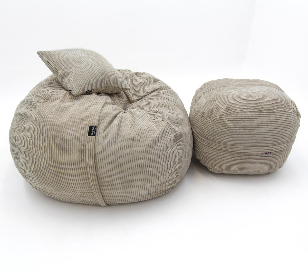 Beige corduroy bean bag chair and ottoman on a white background