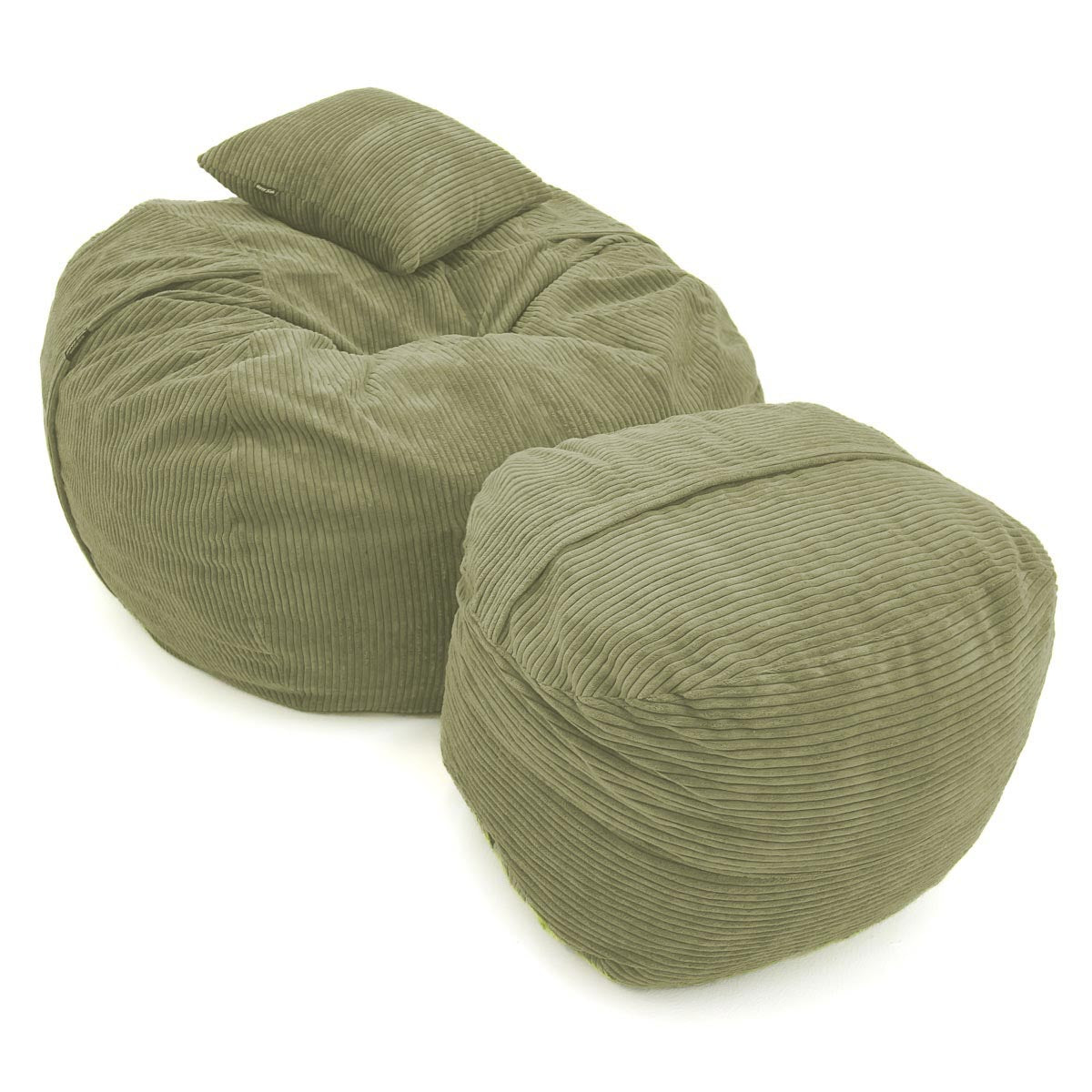 Green bean bag chair and ottoman on a white background