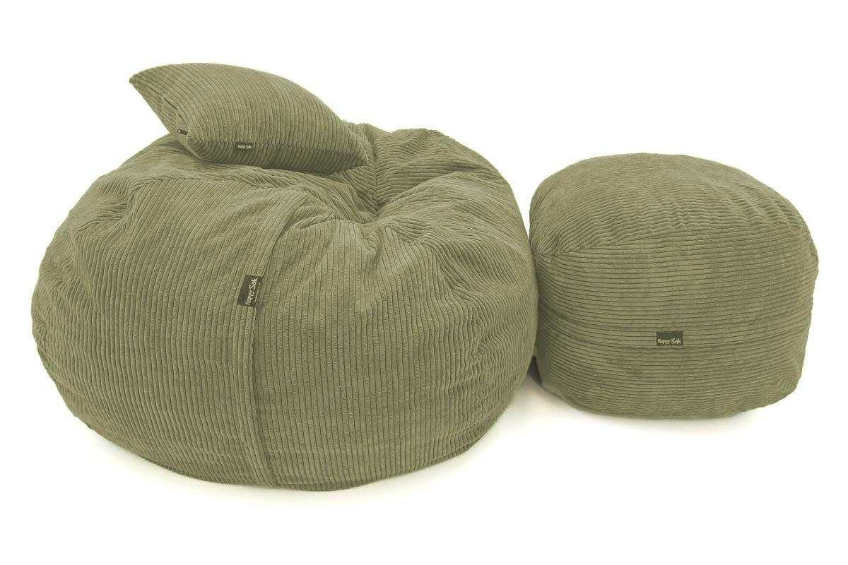 Green bean bag chair and ottoman on a white background