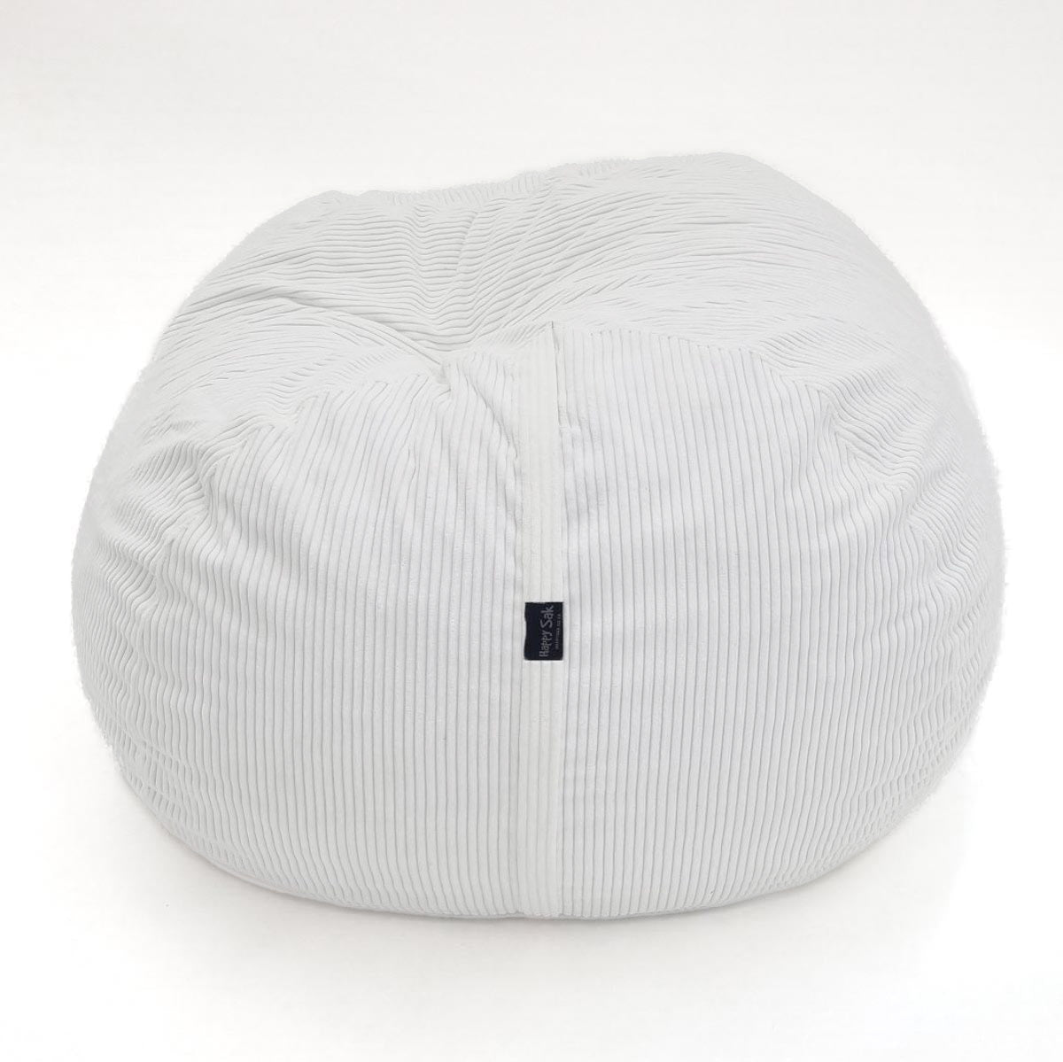 White bean bag chair with a small black logo on a white background