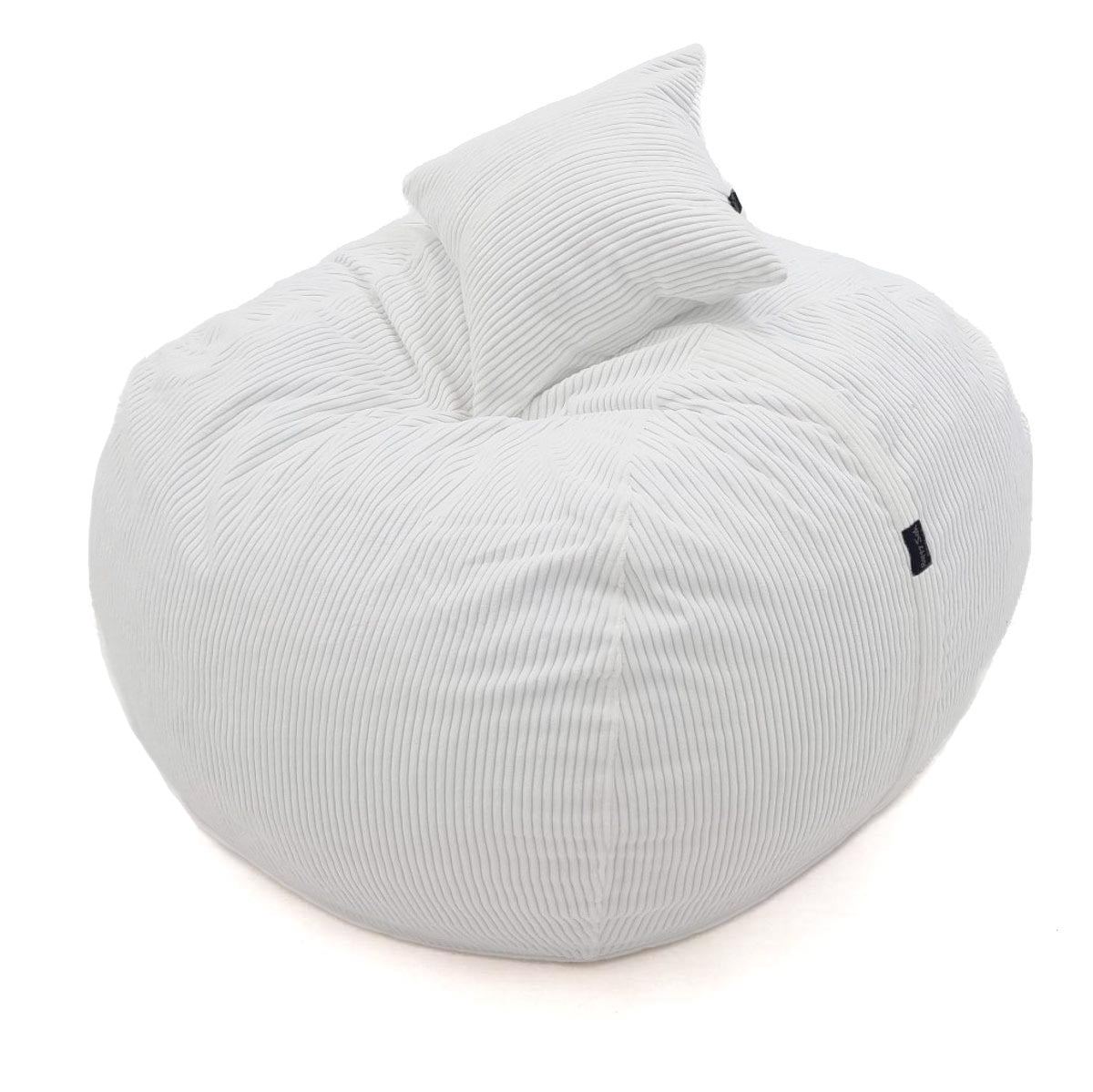 Light gray bean bag chair with a pillow on a white background