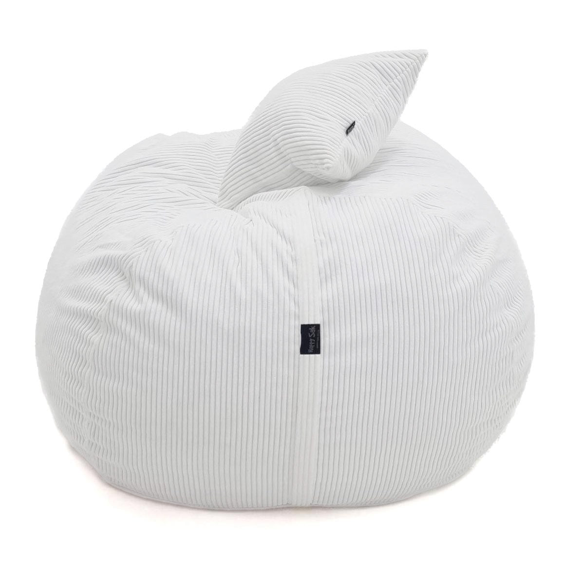 White bean bag chair with a small black logo on a white background
