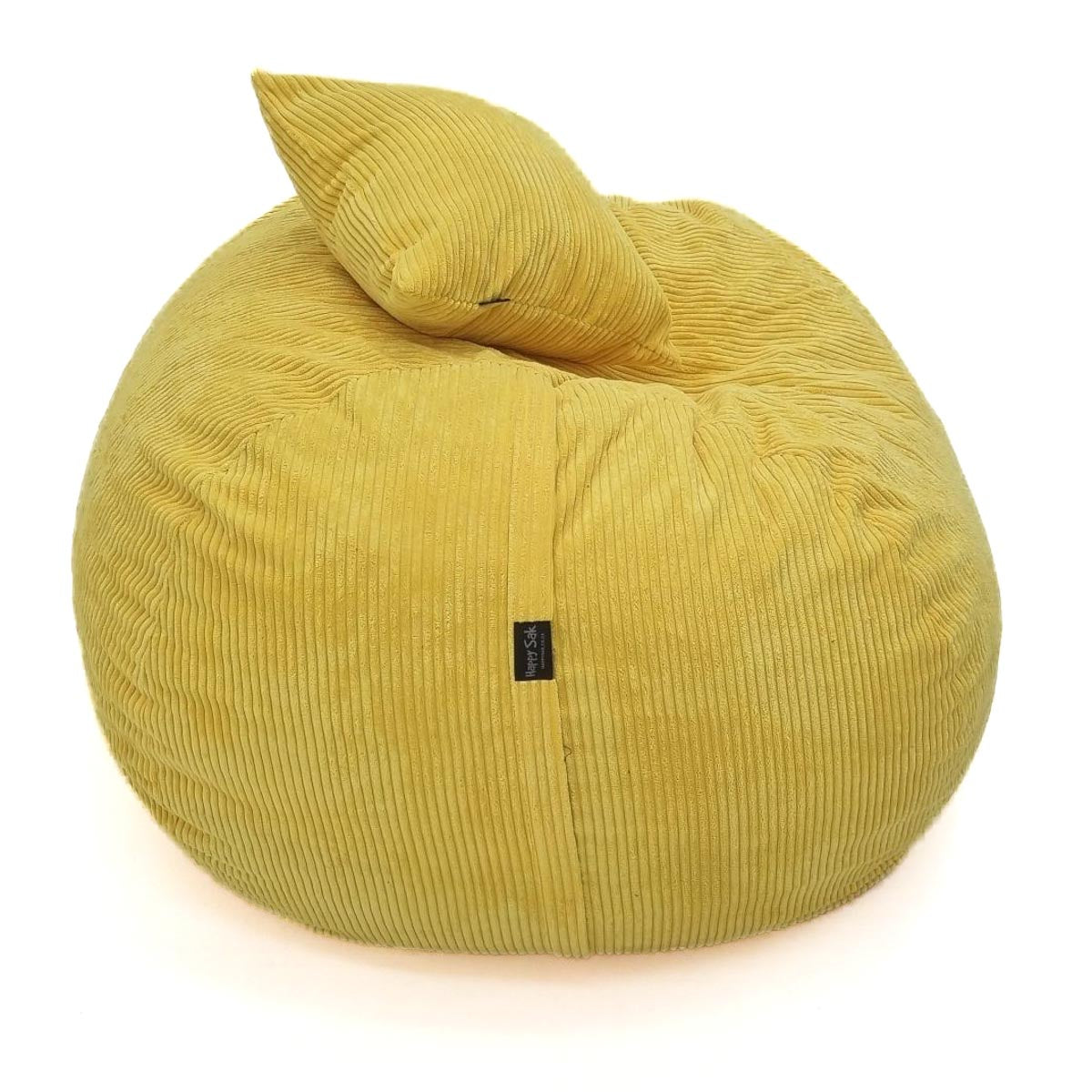 Yellow bean bag chair with a pillow on a white background