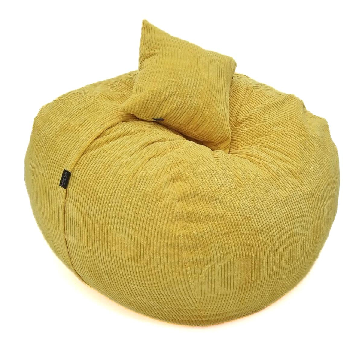 Yellow bean bag chair with a pillow on a white background