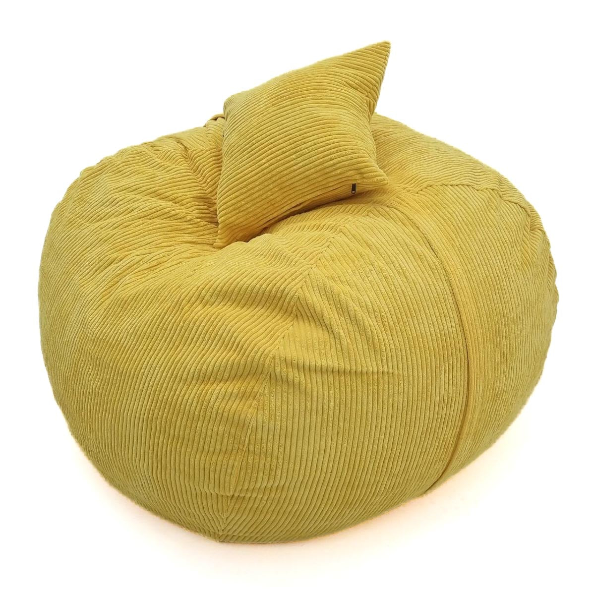 Yellow bean bag chair with a pillow on a white background