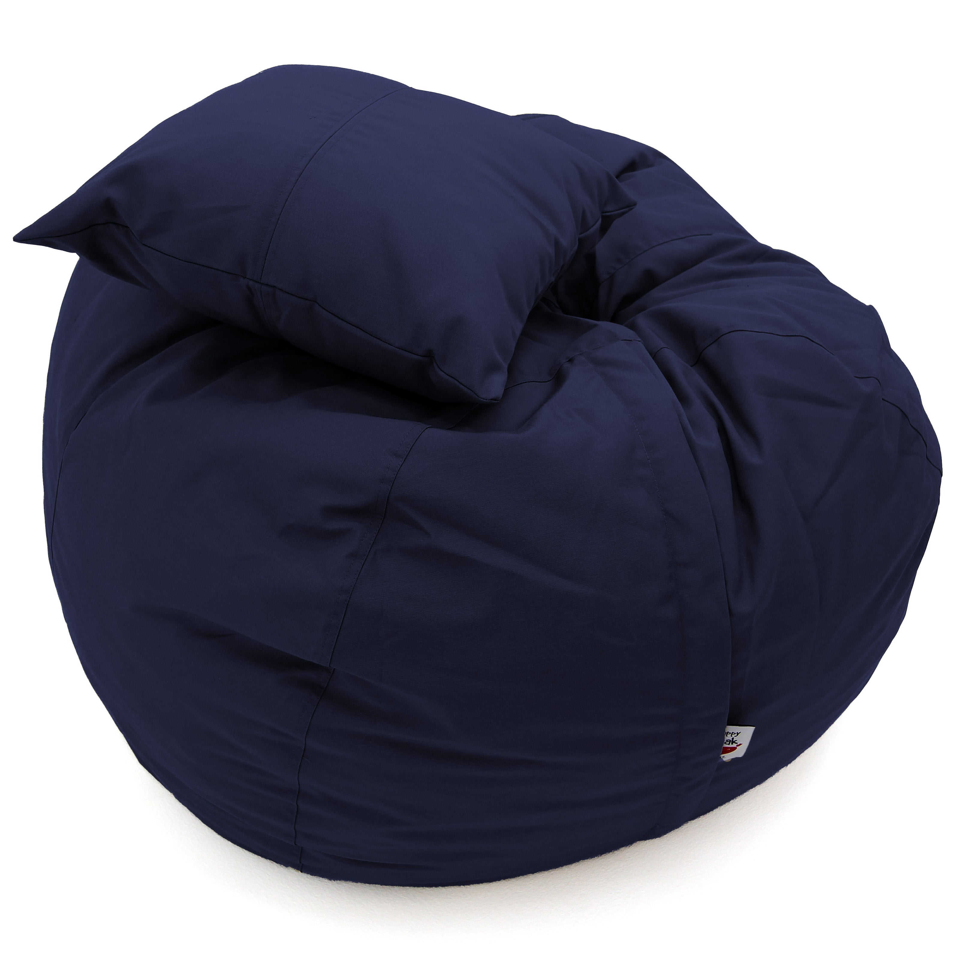 Navy blue bean bag chair with a pillow on a white background