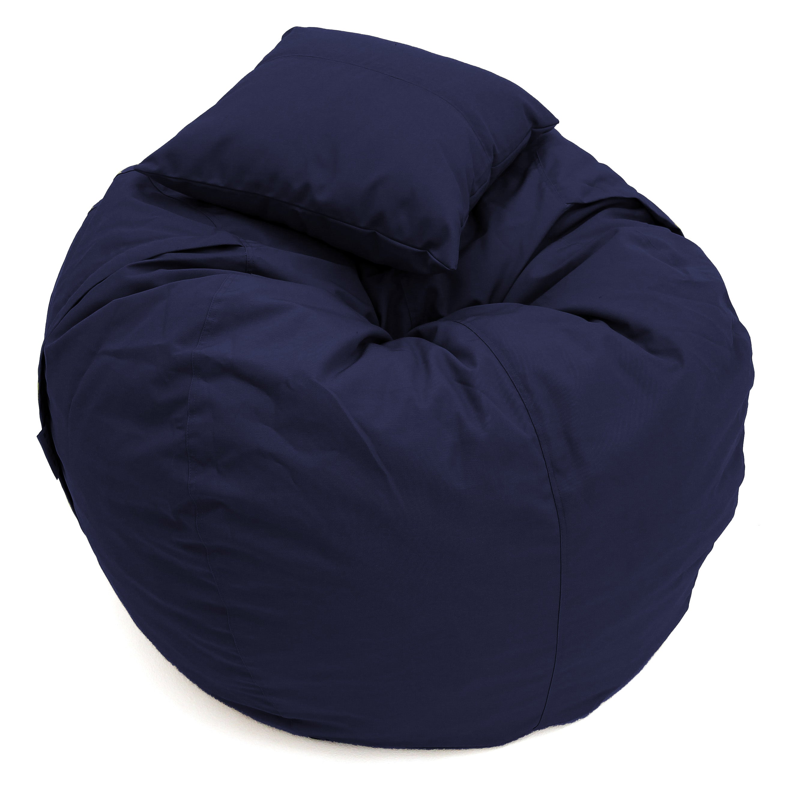 Navy blue bean bag chair with a pillow on a white background