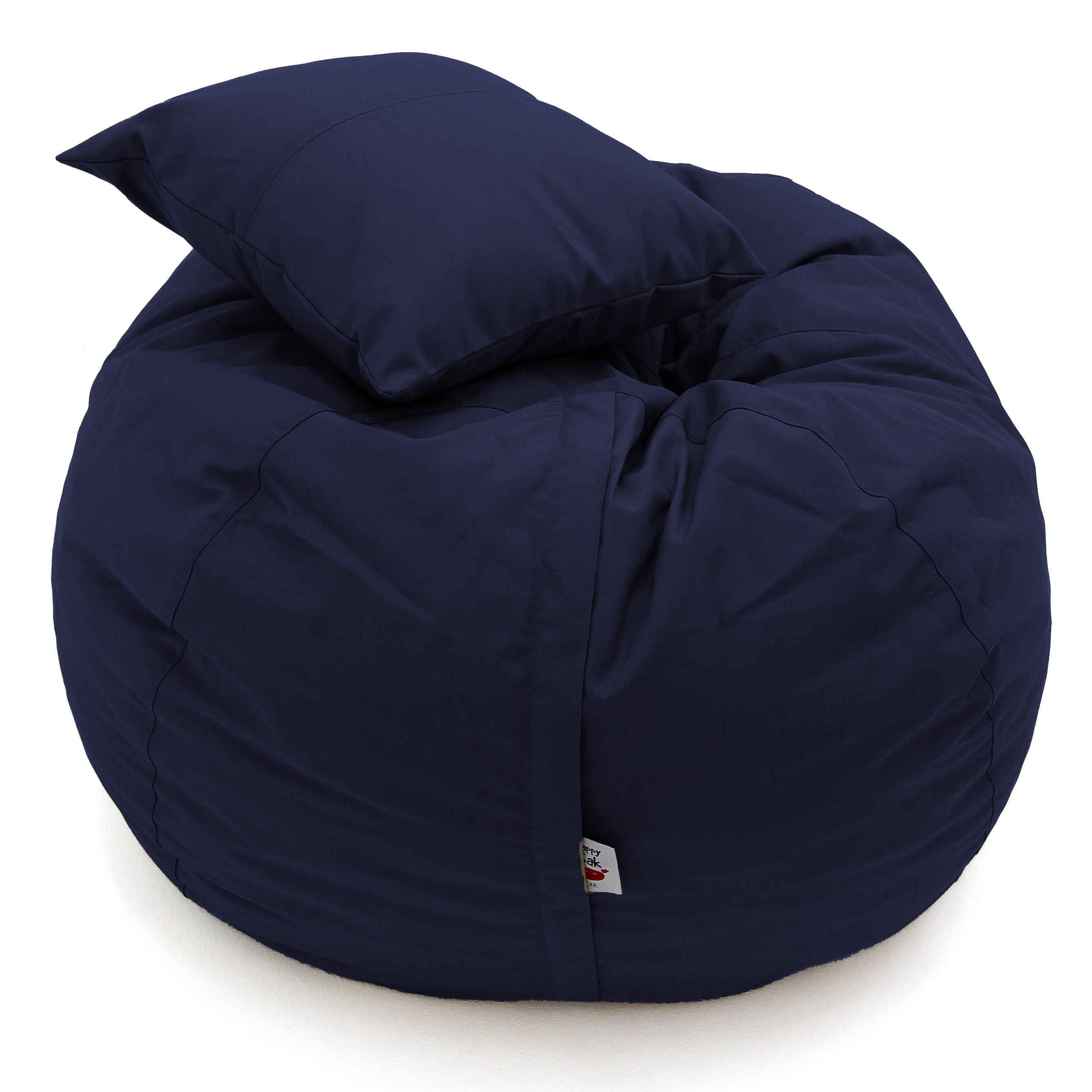 Navy blue bean bag chair with a pillow on a white background