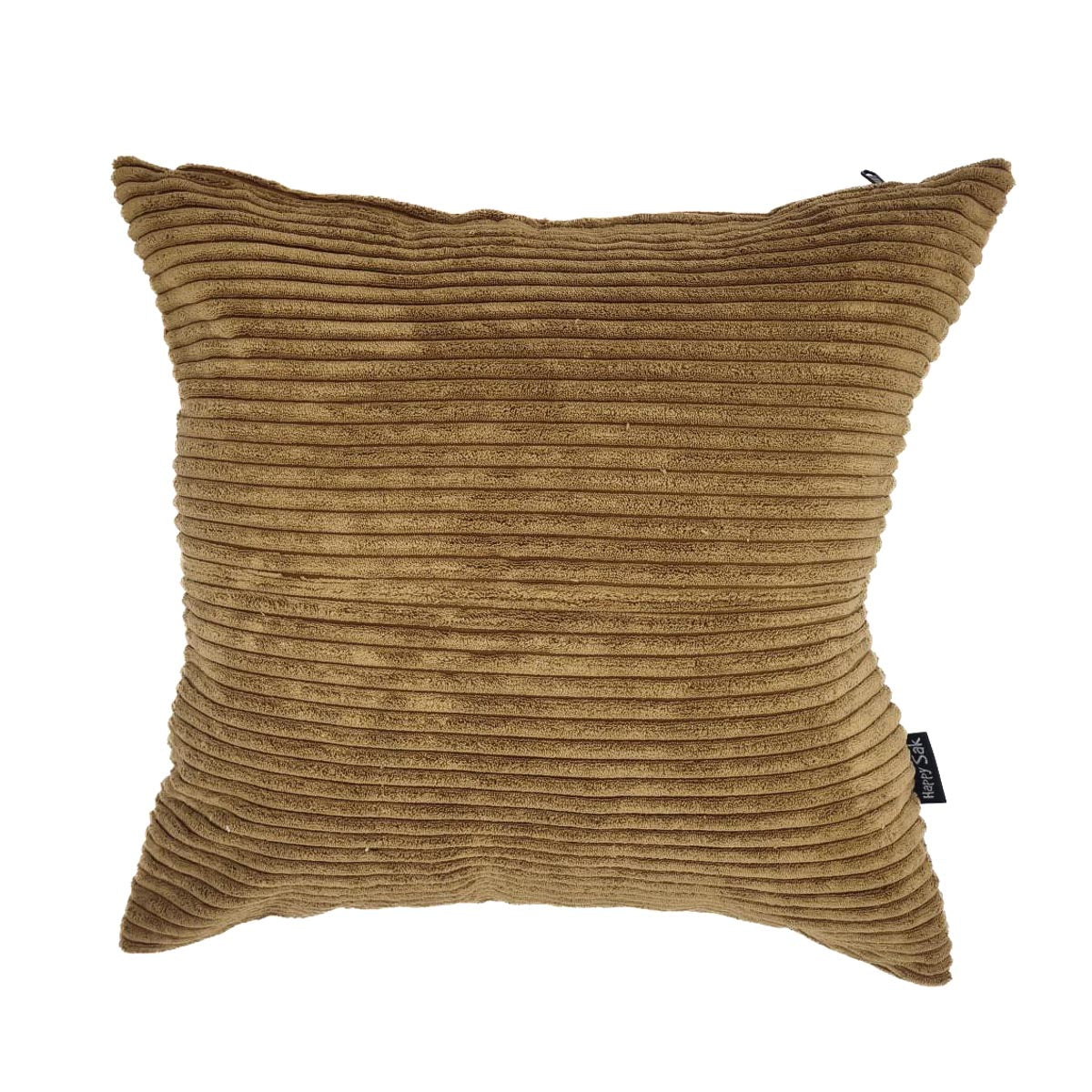 A brown corduroy scatter cushion with a zipper.