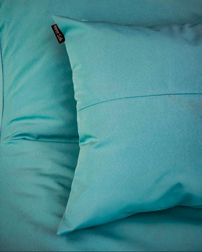 Close-up of two turquoise pillows with a brand tag on a matching fabric background.
