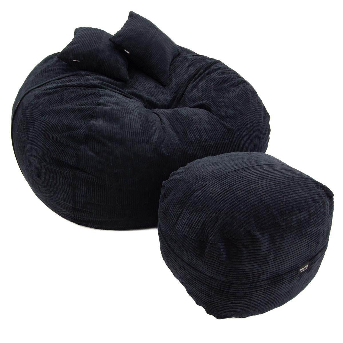 Black bean bag chair and ottoman on a white background