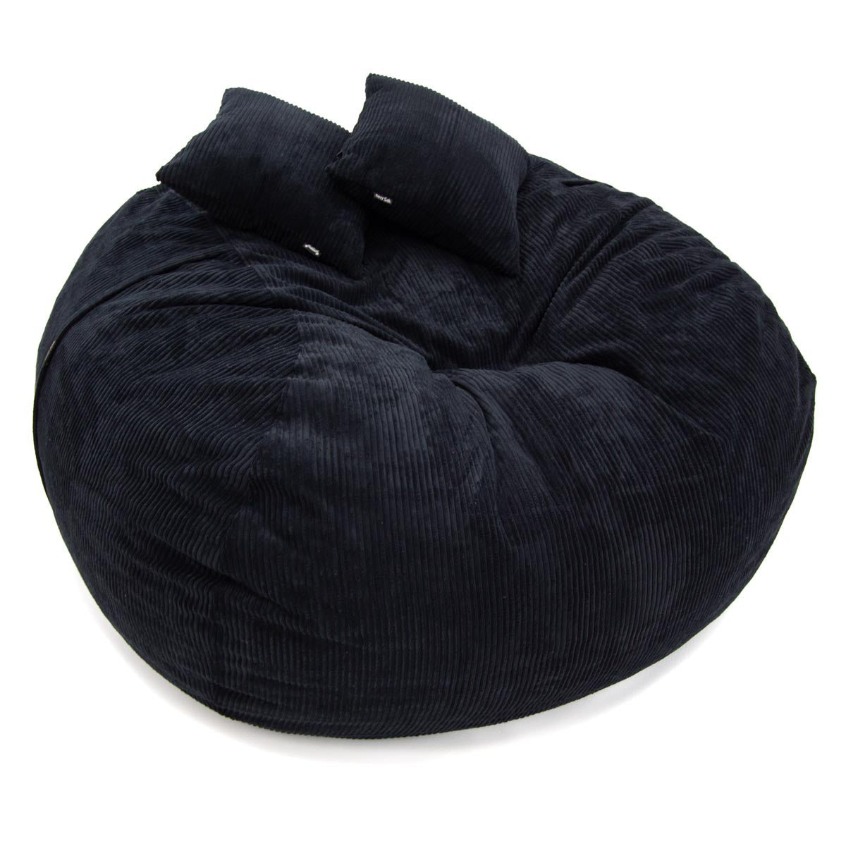 Black bean bag chair with two black pillows on a white background