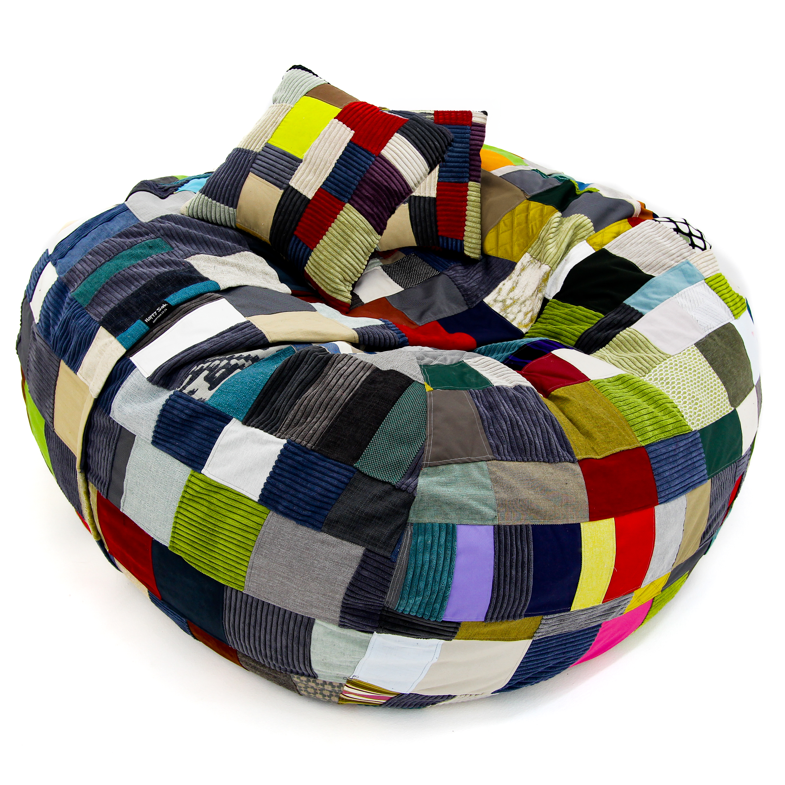 Multicolored patchwork bean bag chair with a pillow on a white background