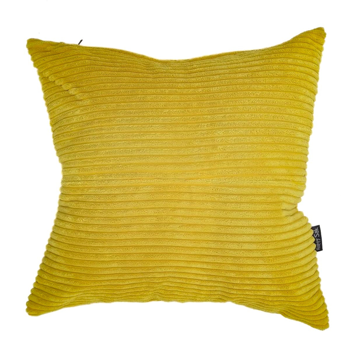 Yellow ribbed pillow with a brand tag on a white background